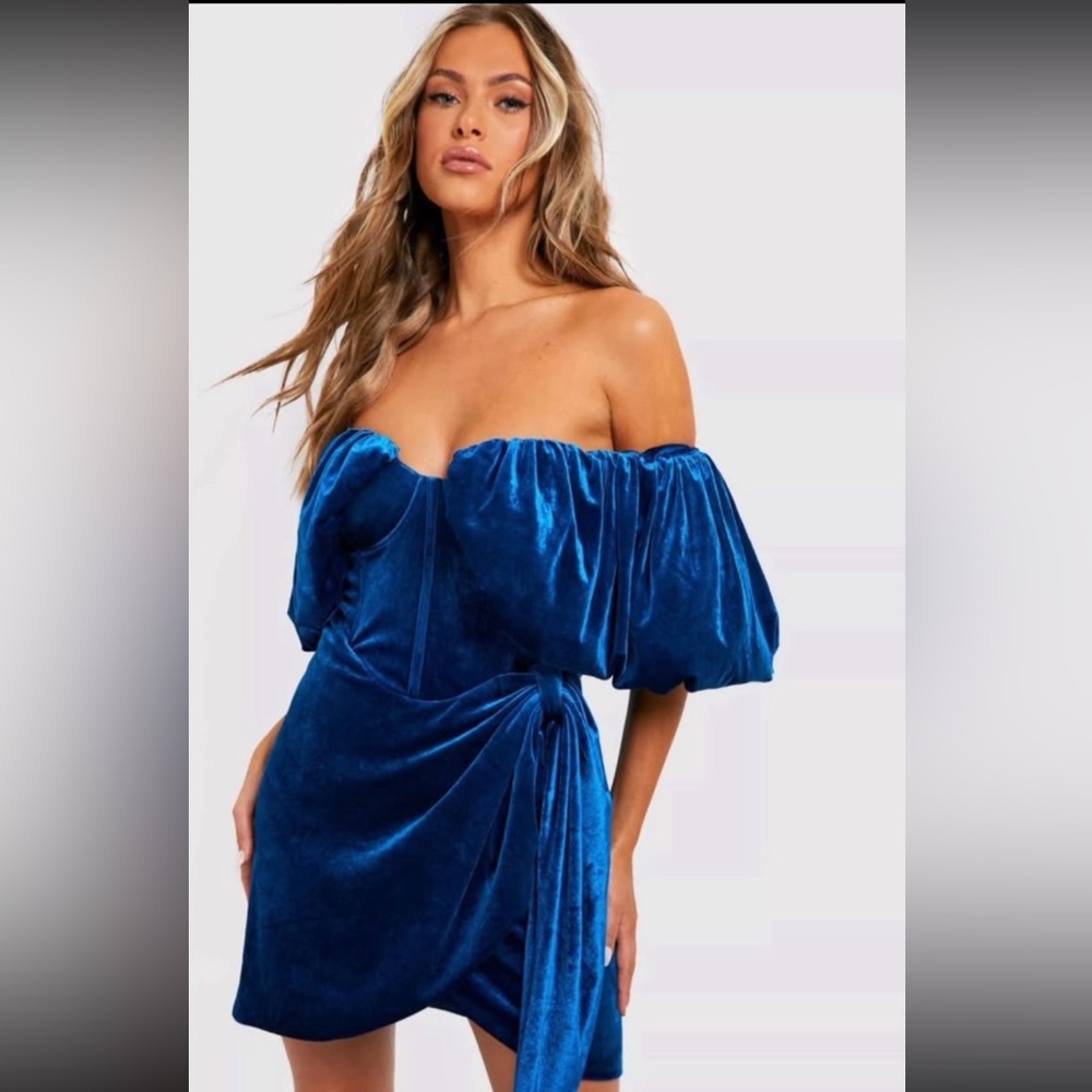 Pretty Little Thing Off Shoulder Royal Blue Velvet Dress Sz XL